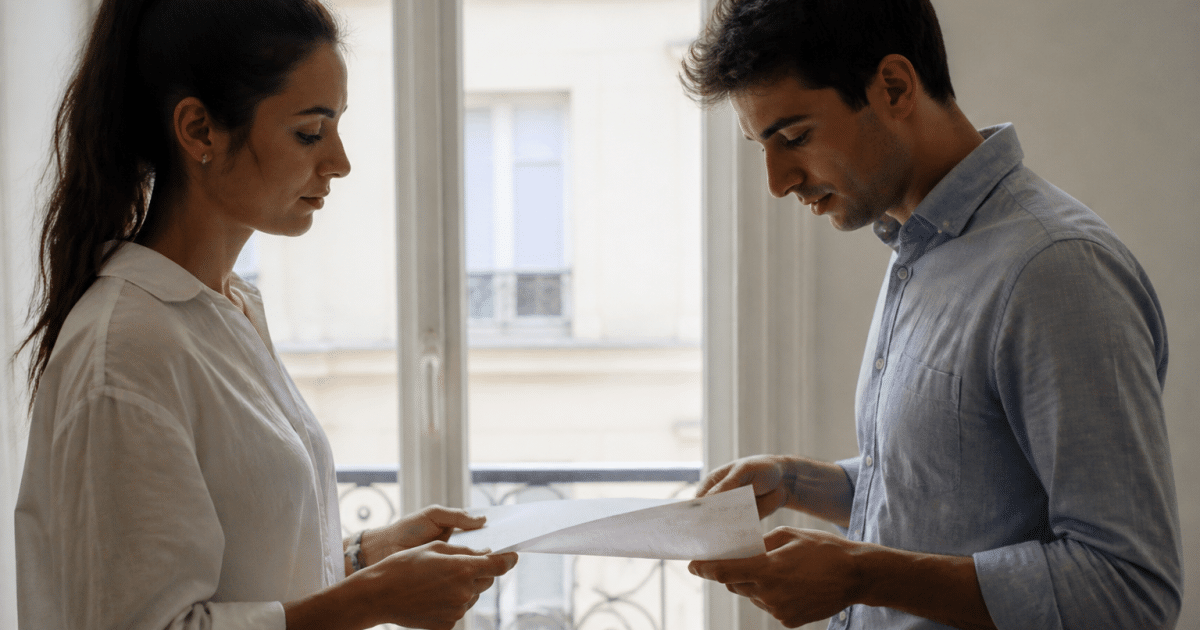 Deux personnes se tenant face à face avec document entre elles