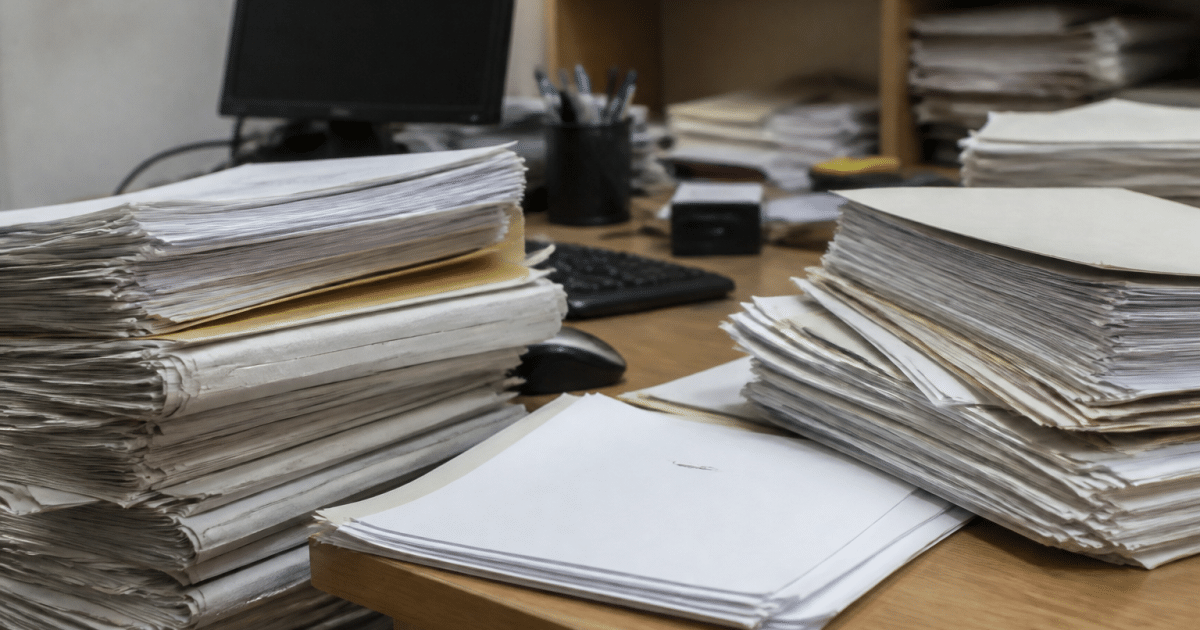 Factures et documents immobiliers empiles sur bureau comptable