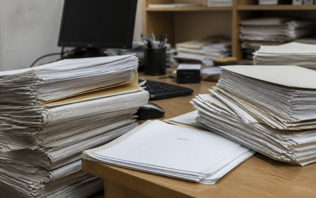 Factures et documents immobiliers empiles sur bureau comptable