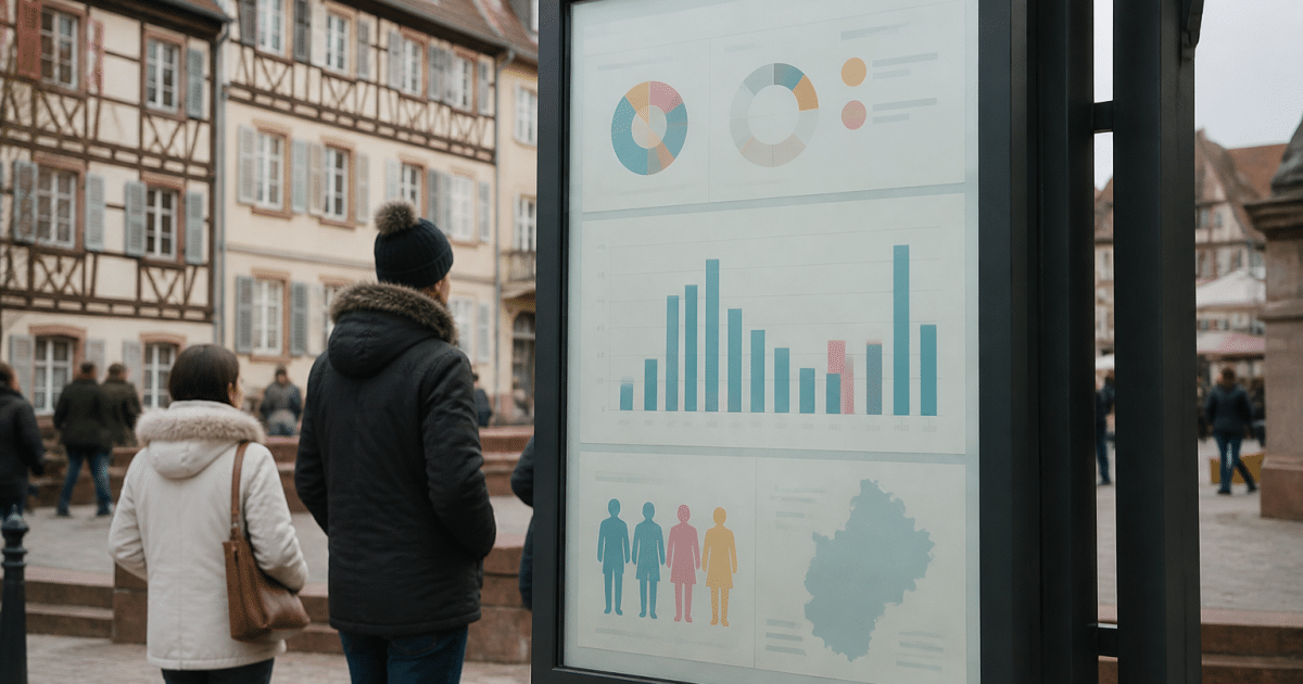 Statistiques demographiques affichees sur panneau informatif urbain Colmar