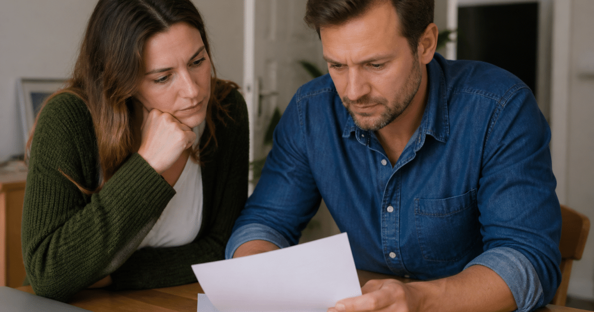 Couple examinant contrat immobilier assis a table