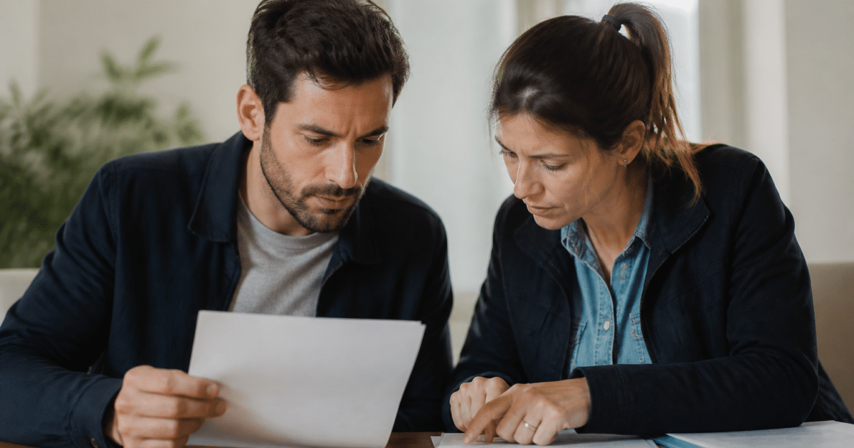 Couple age mur examinant document pret bancaire assis bureau
