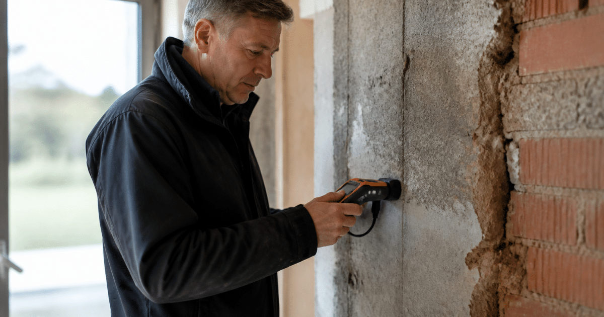 Technicien inspectant matériaux de construction avec équipement de detection professionnel