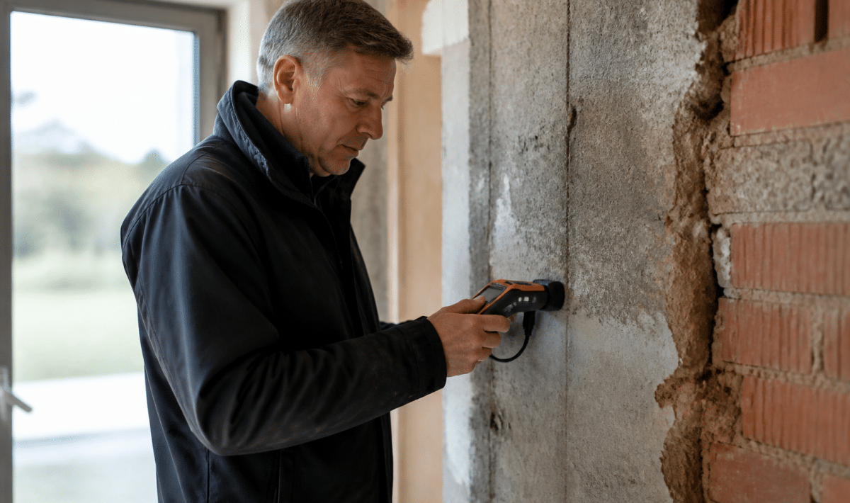Technicien inspectant matériaux de construction avec équipement de detection professionnel