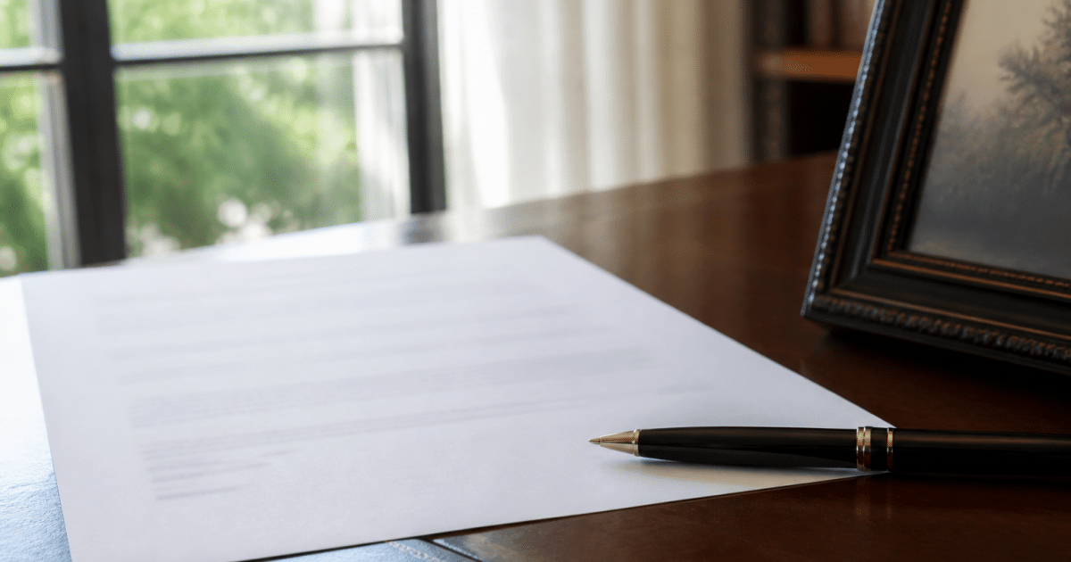 Document officiel signé sur bureau avec stylo encadrant droit propriete