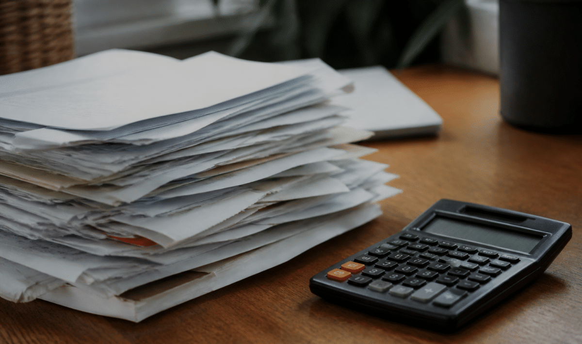 Factures papier empilees sur bureau pres calculatrice