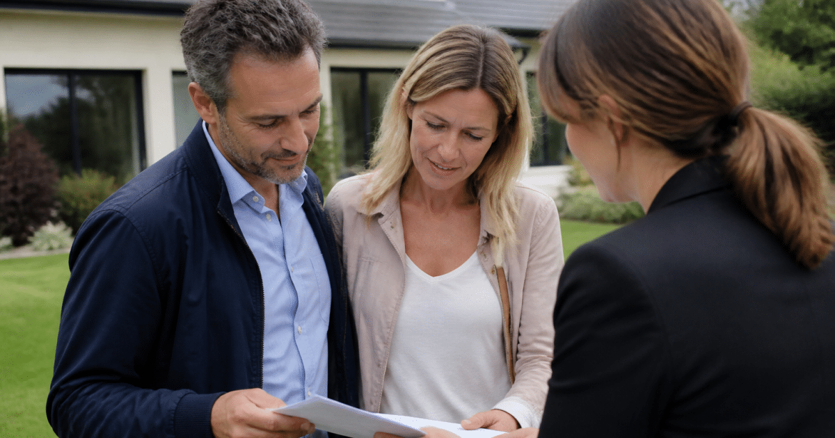 Famille consultant document immobilier près maison en arriere-plan