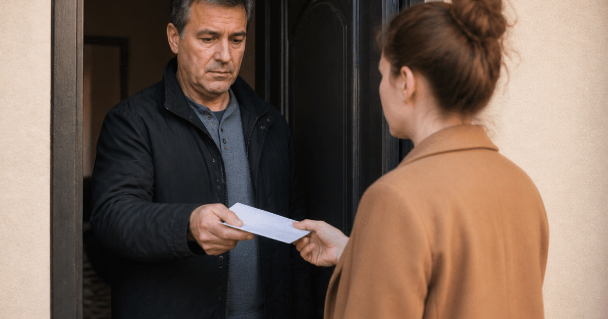 Locataire recevant lettre de vente de proprietaire debout