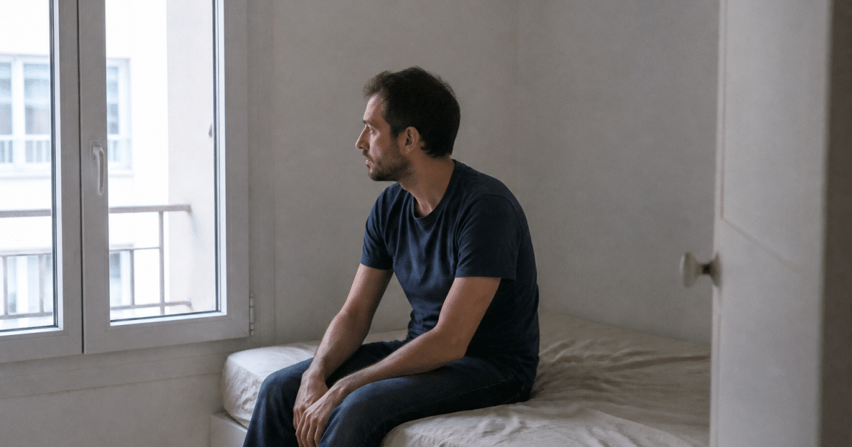 Personne assise sur lit dans petit logement vide blanc