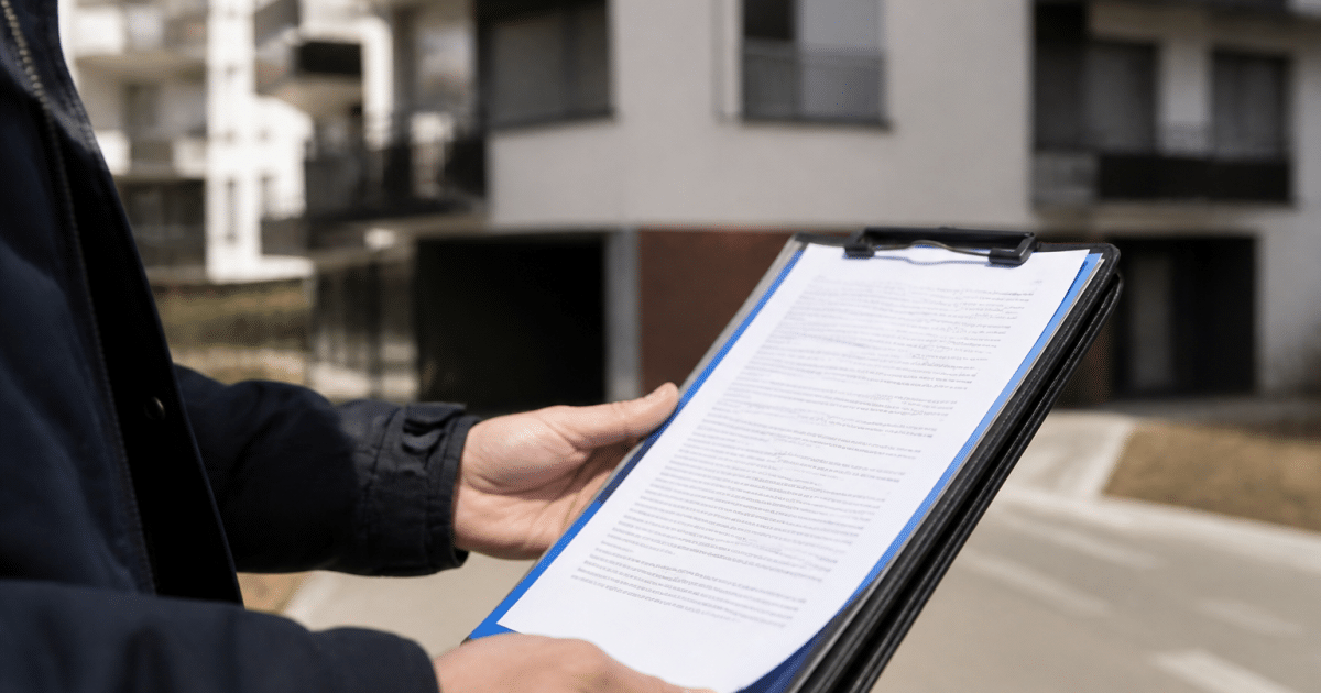 Mains tenant document contrat devant immeuble d'habitation collectif