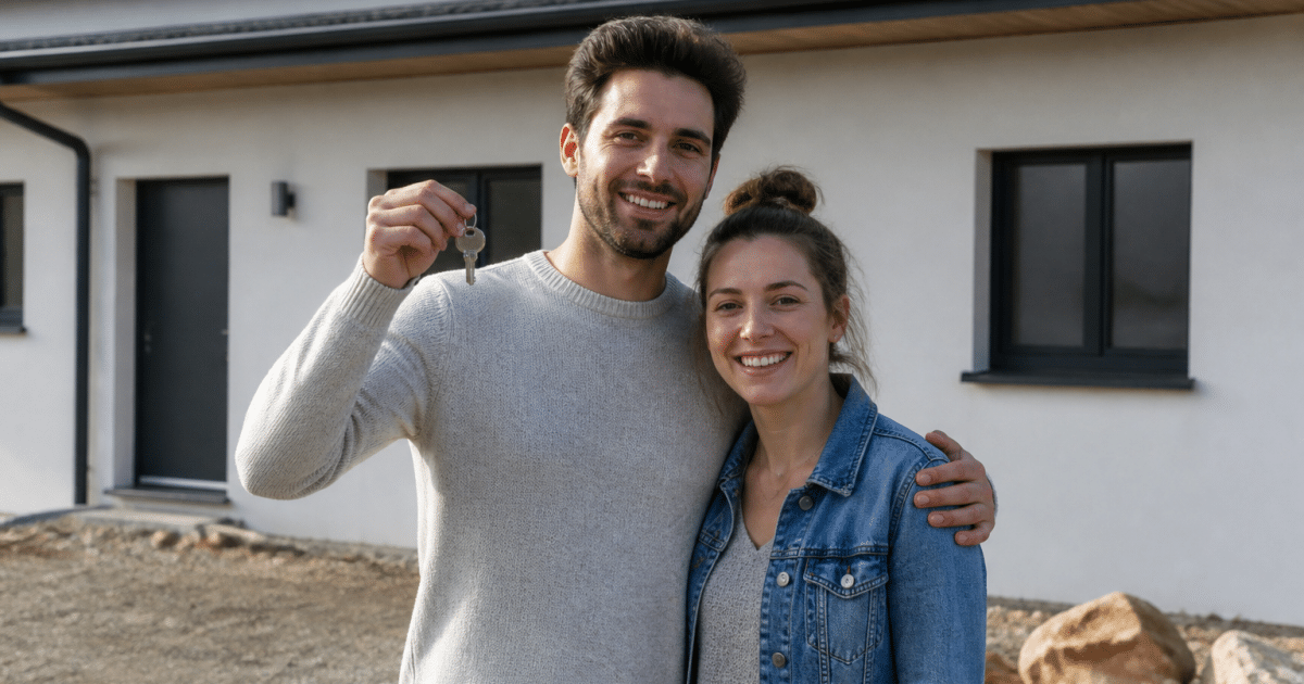 Couple debout devant maison neuve, homme tenant cles immobilier