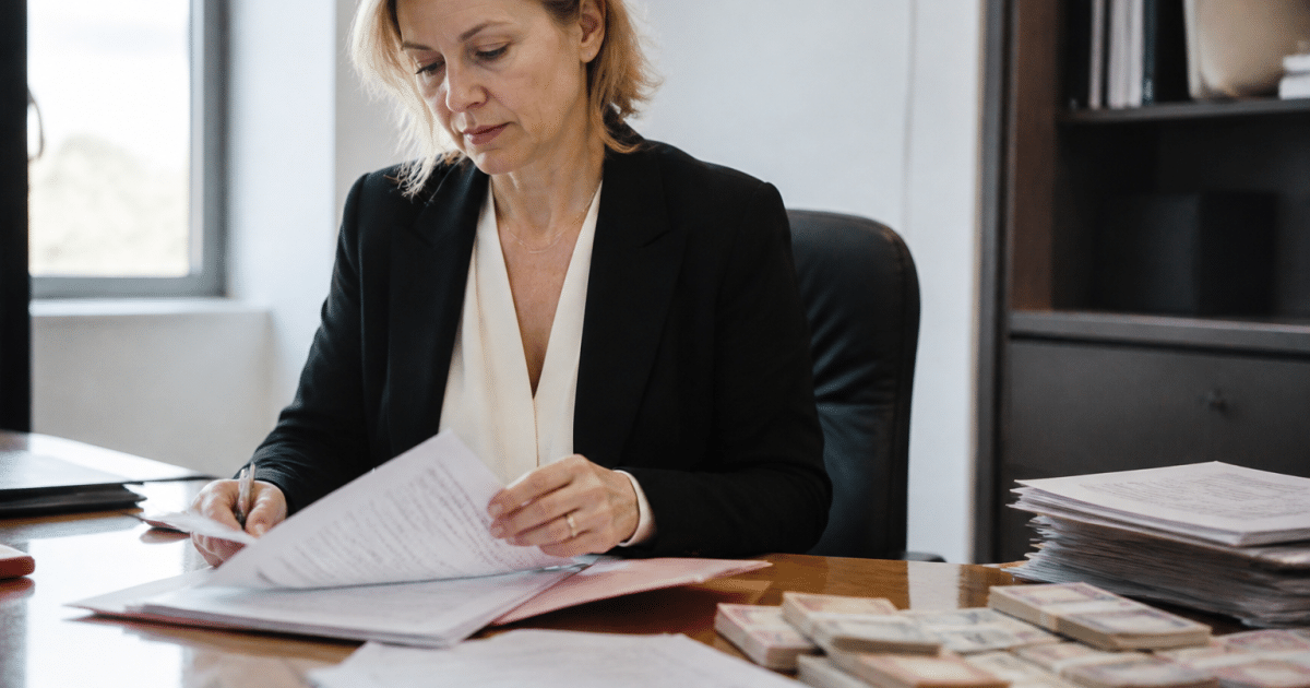 Notaire tenant documents vente argent sur bureau