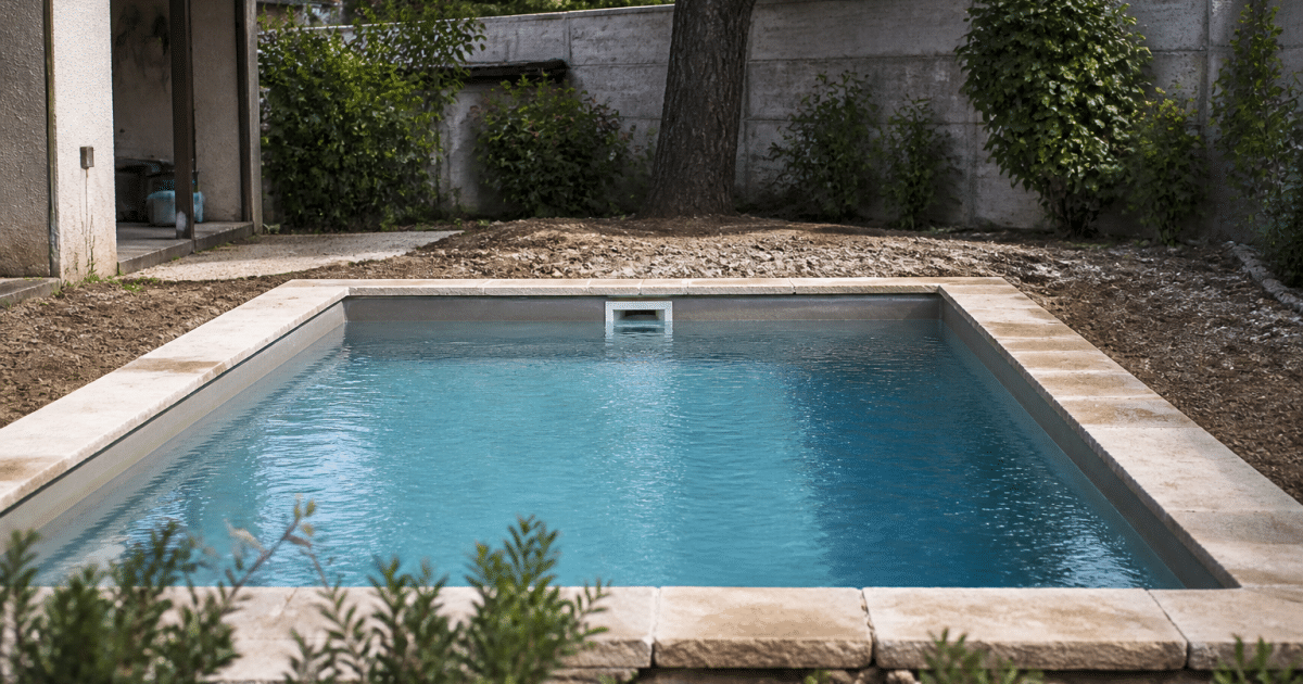 Piscine creusee partiellement dans sol avec margelles visibles