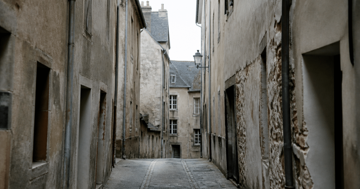 Rues etroites de Rodez avec immeubles delabres et facades grises