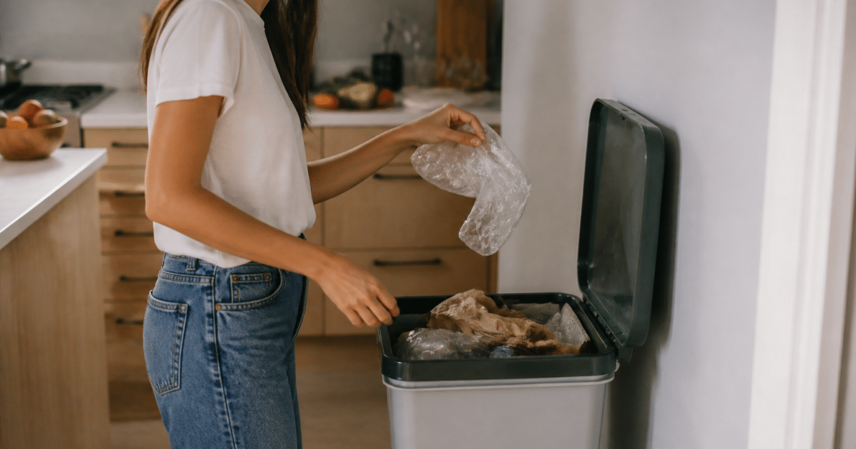 Main tenant sac plastique au-dessus bac recyclage ouvert