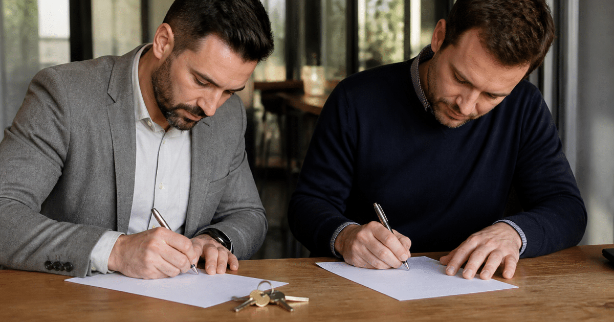 Deux hommes signant documents sur bureau avec clés commerce