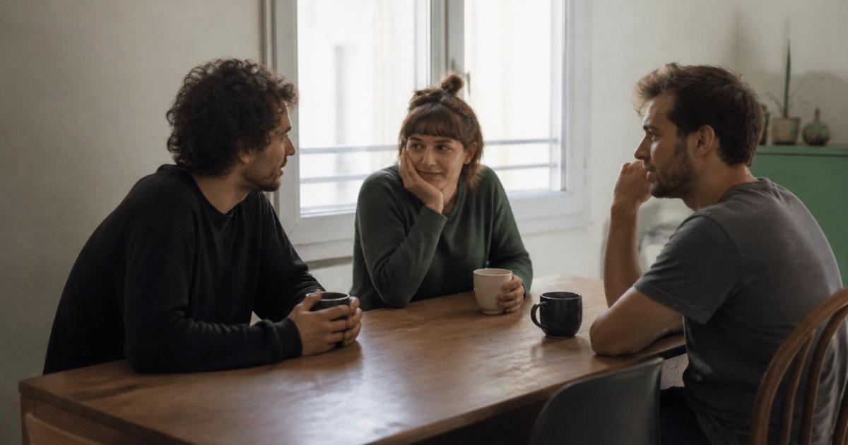 Trois personnes assises autour d'une table rectangulaire