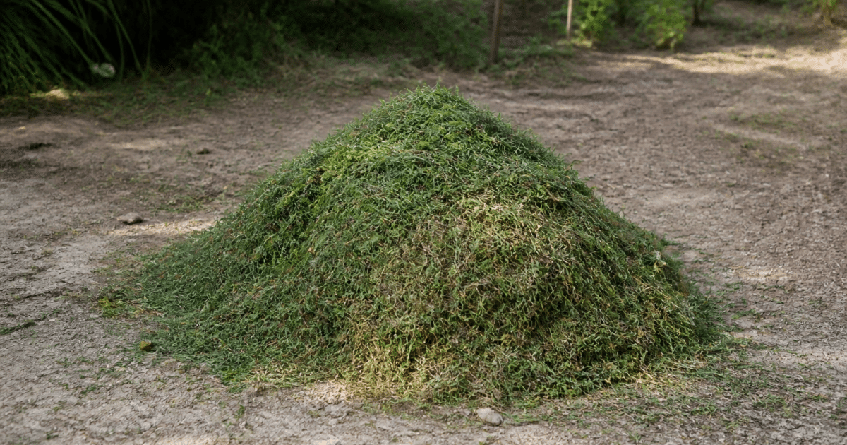 Tas de herbe tondue accumulée sur sol terreux extérieur