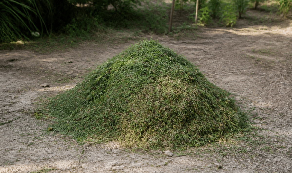 Tas de herbe tondue accumulée sur sol terreux extérieur