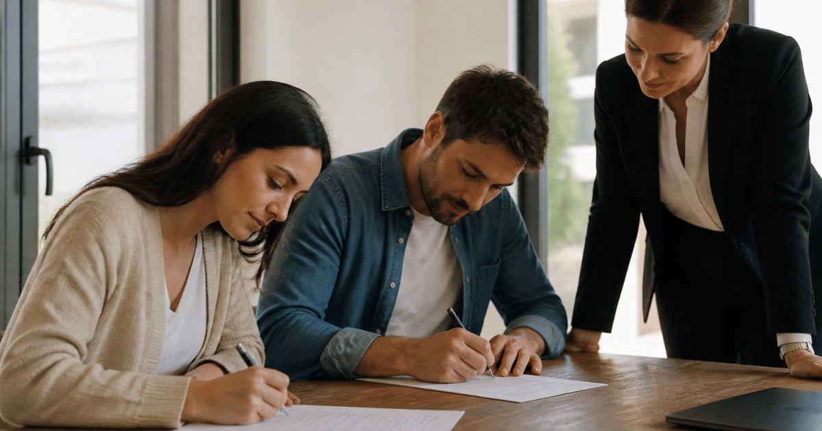 Deux personnes signent documents sur table avec agent immobilier debout