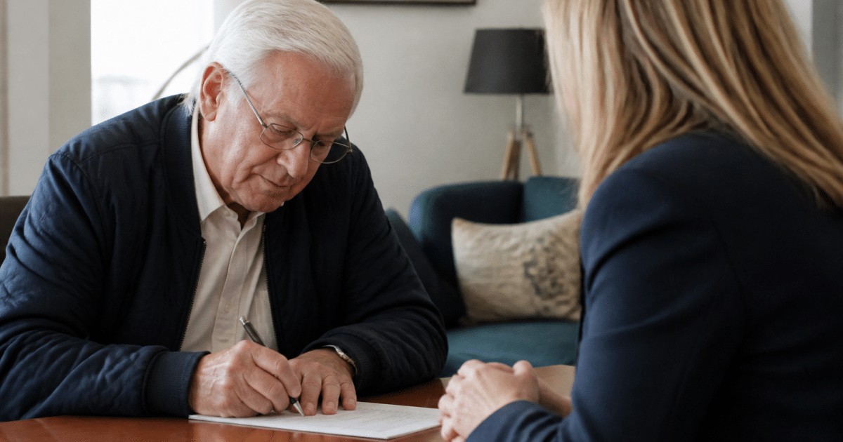 Personne agee signant document immobilier avec agent assis face a face
